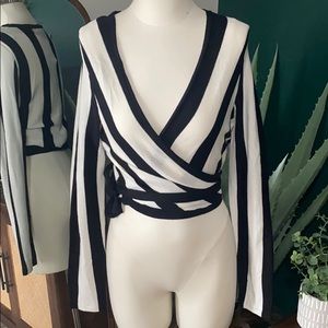 Black and white striped wrap sweater